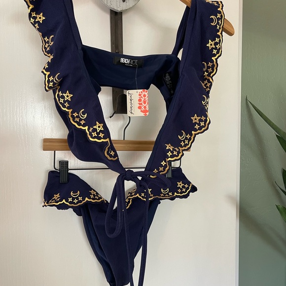 Free People Beach Riot Two-Piece bikini star and moon set navy blue Sz L. NWT - Picture 4 of 8